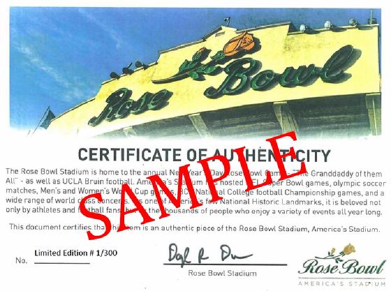 Rose Bowl Stadium Seat Certificate of Authenticity